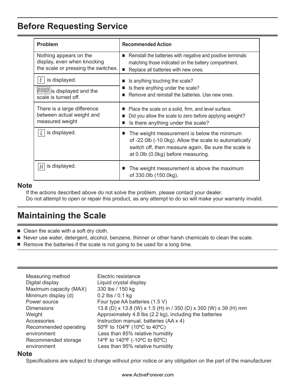 Before requesting service maintaining the scale | Activeforever A & D Wireless Precision Scale (Each) User Manual | Page 5 / 5