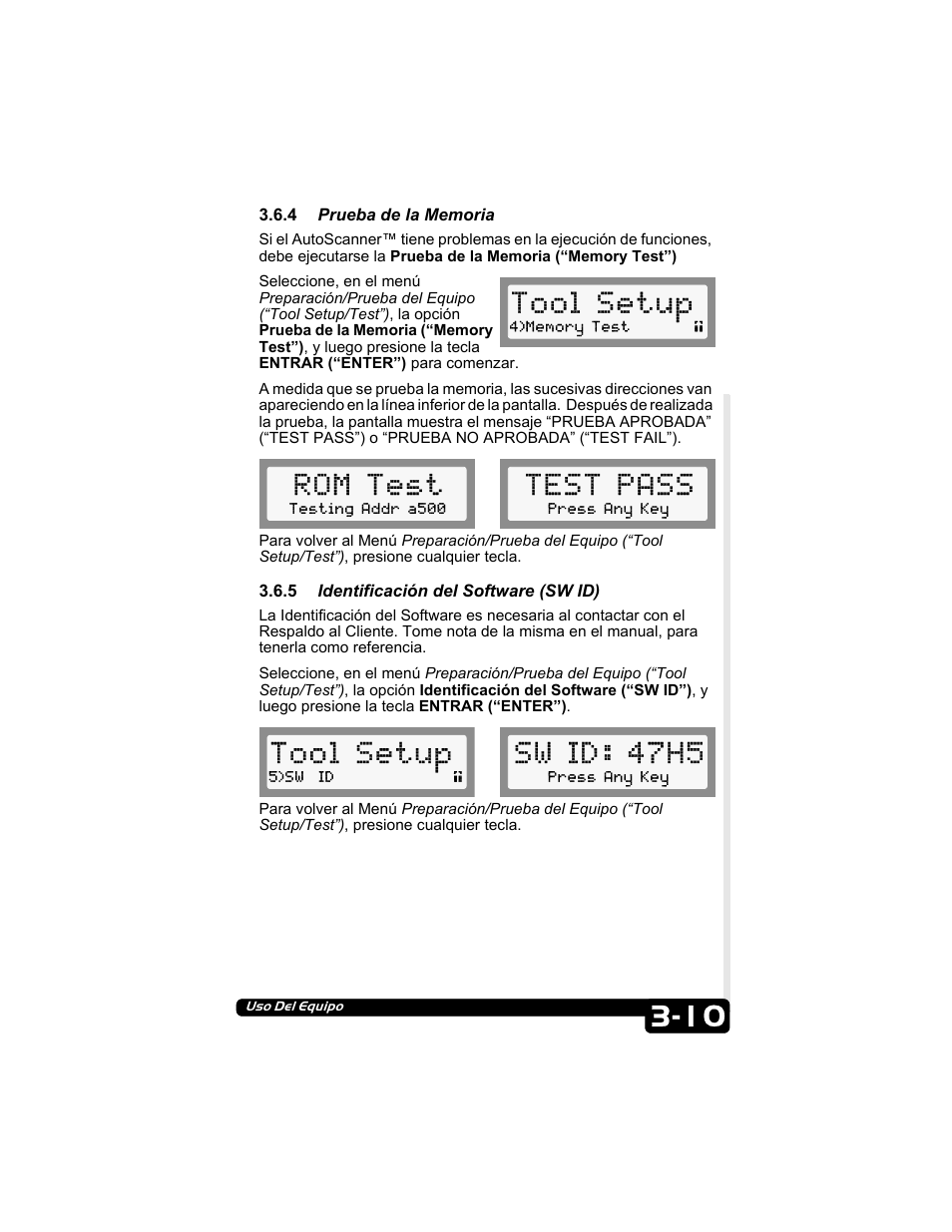 4 prueba de la memoria, 5 identificación del software (sw id), Tool setup | Rom test, Test pass, Sw id: 47h5 | Actron CP9135 OBD II AutoScanner User Manual | Page 100 / 120