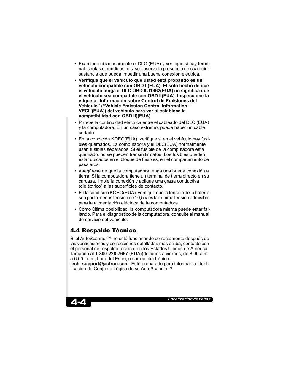 4 respaldo técnico | Actron CP9135 OBD II AutoScanner User Manual | Page 104 / 120