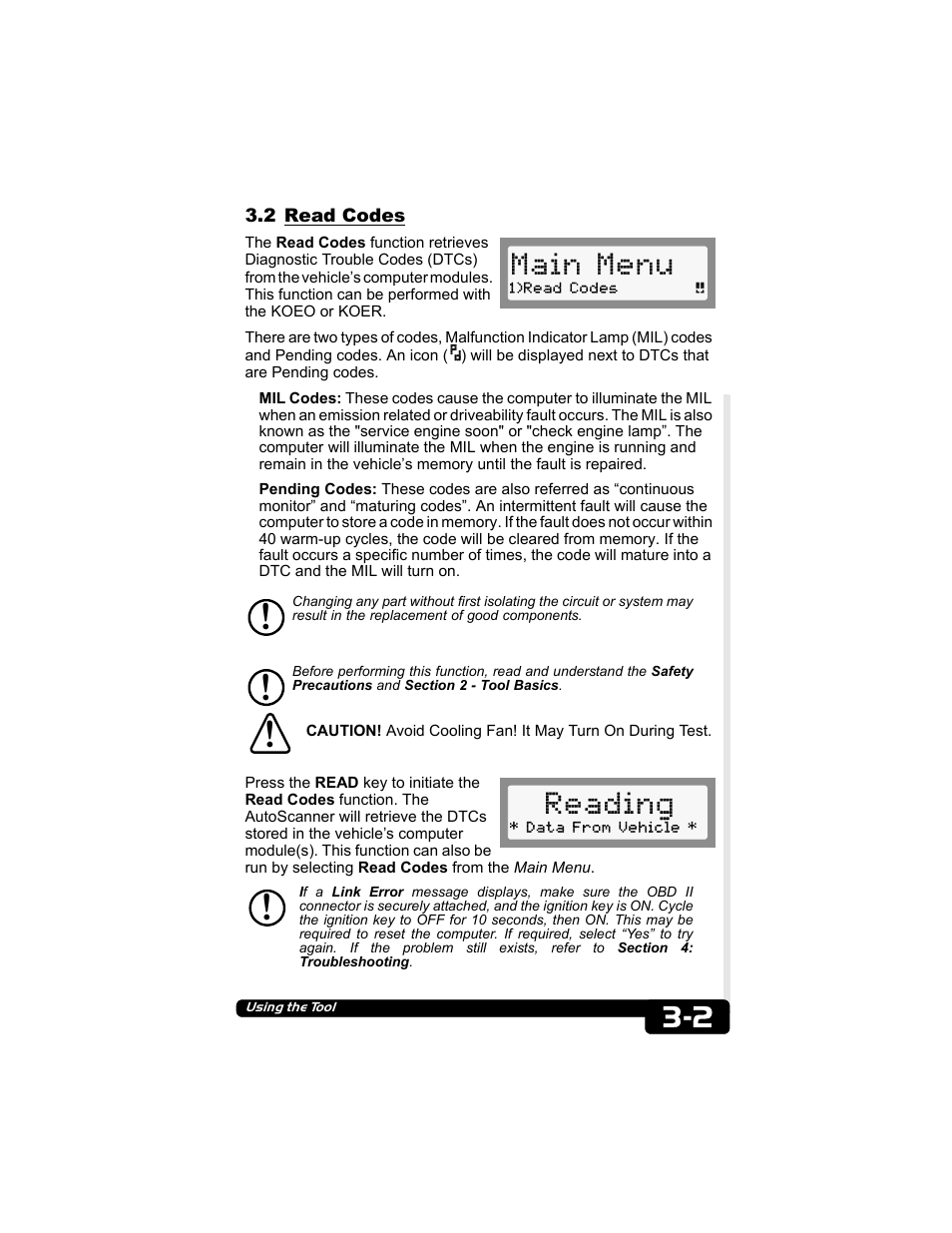 2 read codes, Main menu, Reading | Actron CP9135 OBD II AutoScanner User Manual | Page 15 / 120