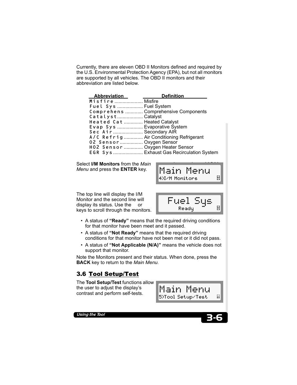 6 tool setup/test, Main menu, Fuel sys | Actron CP9135 OBD II AutoScanner User Manual | Page 19 / 120