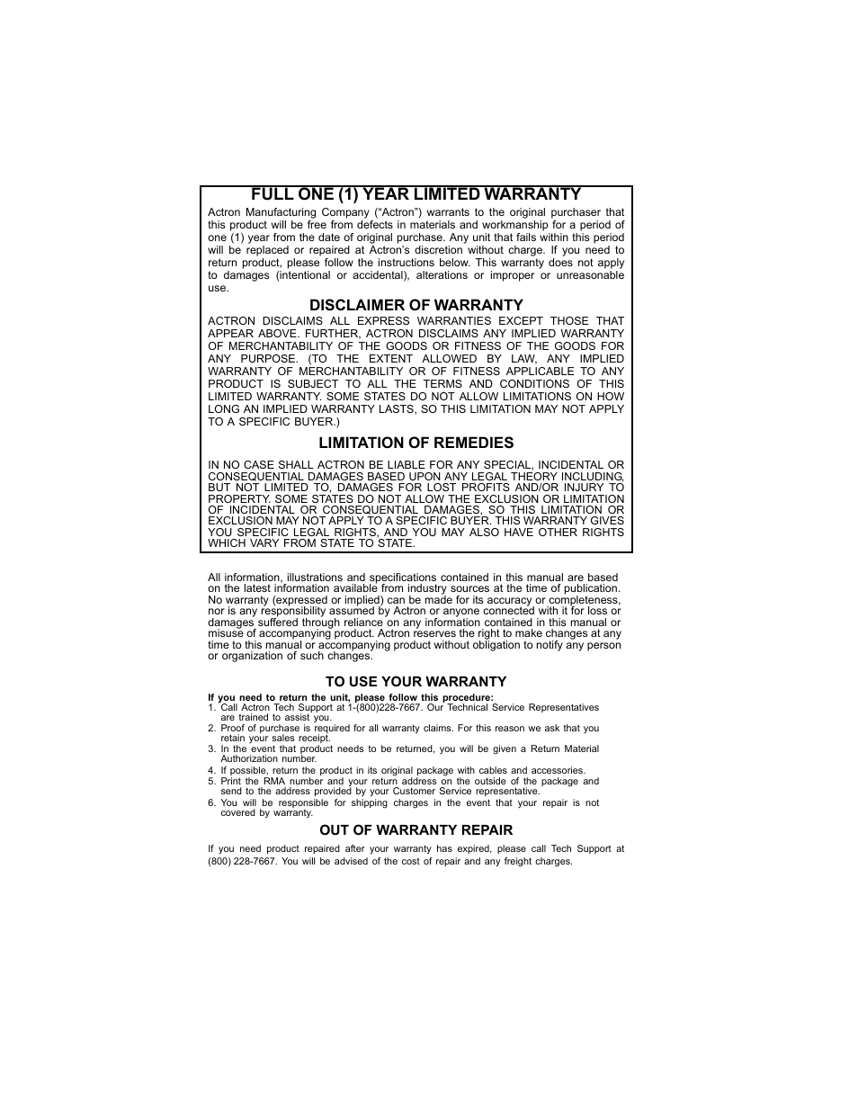 Full, Year, Limited | Warranty, Disclaimer, Limitation, Remedies | Actron CP9135 OBD II AutoScanner User Manual | Page 2 / 120