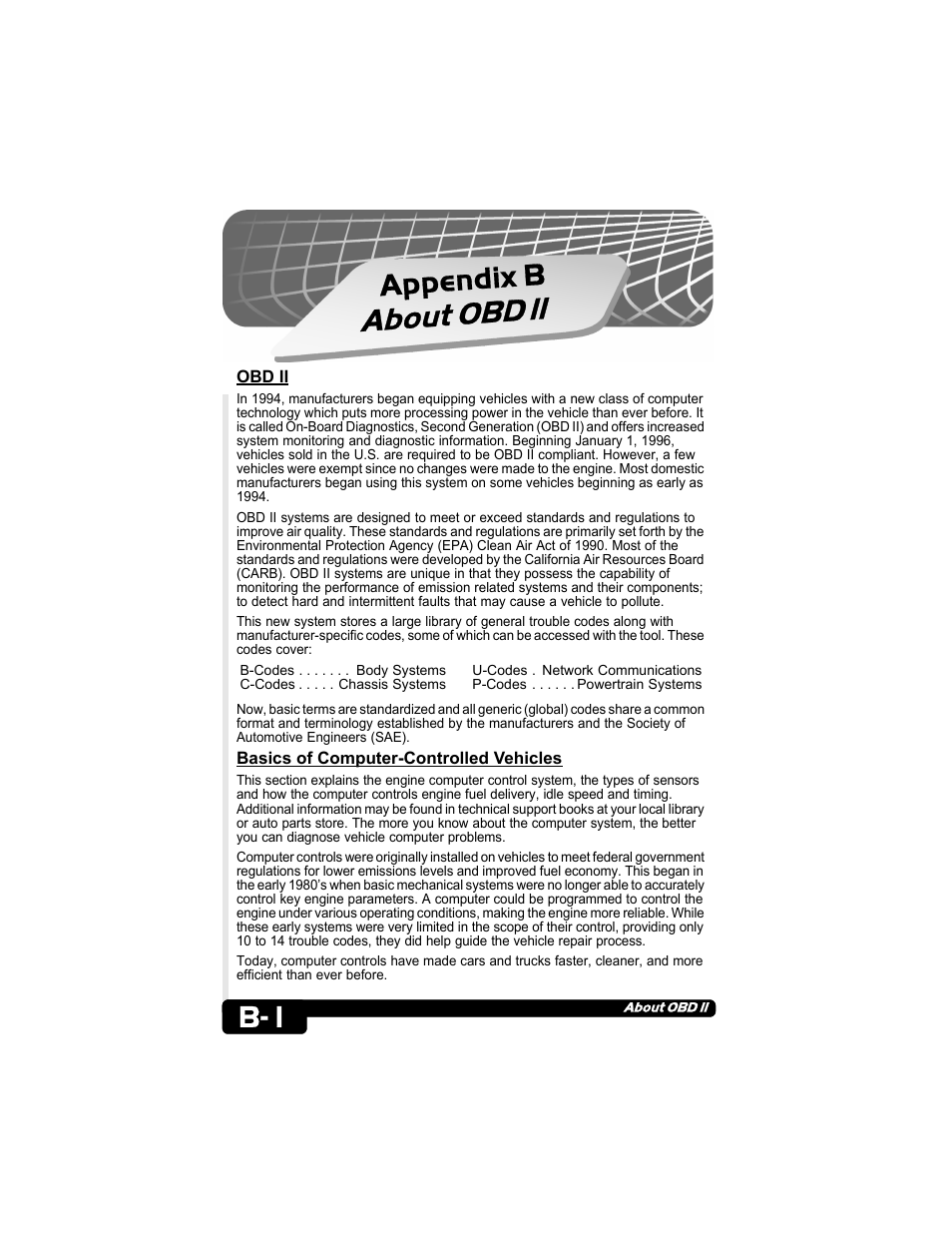 Appendix b about obd ii, About obd, Appendix b | Actron CP9135 OBD II AutoScanner User Manual | Page 30 / 120