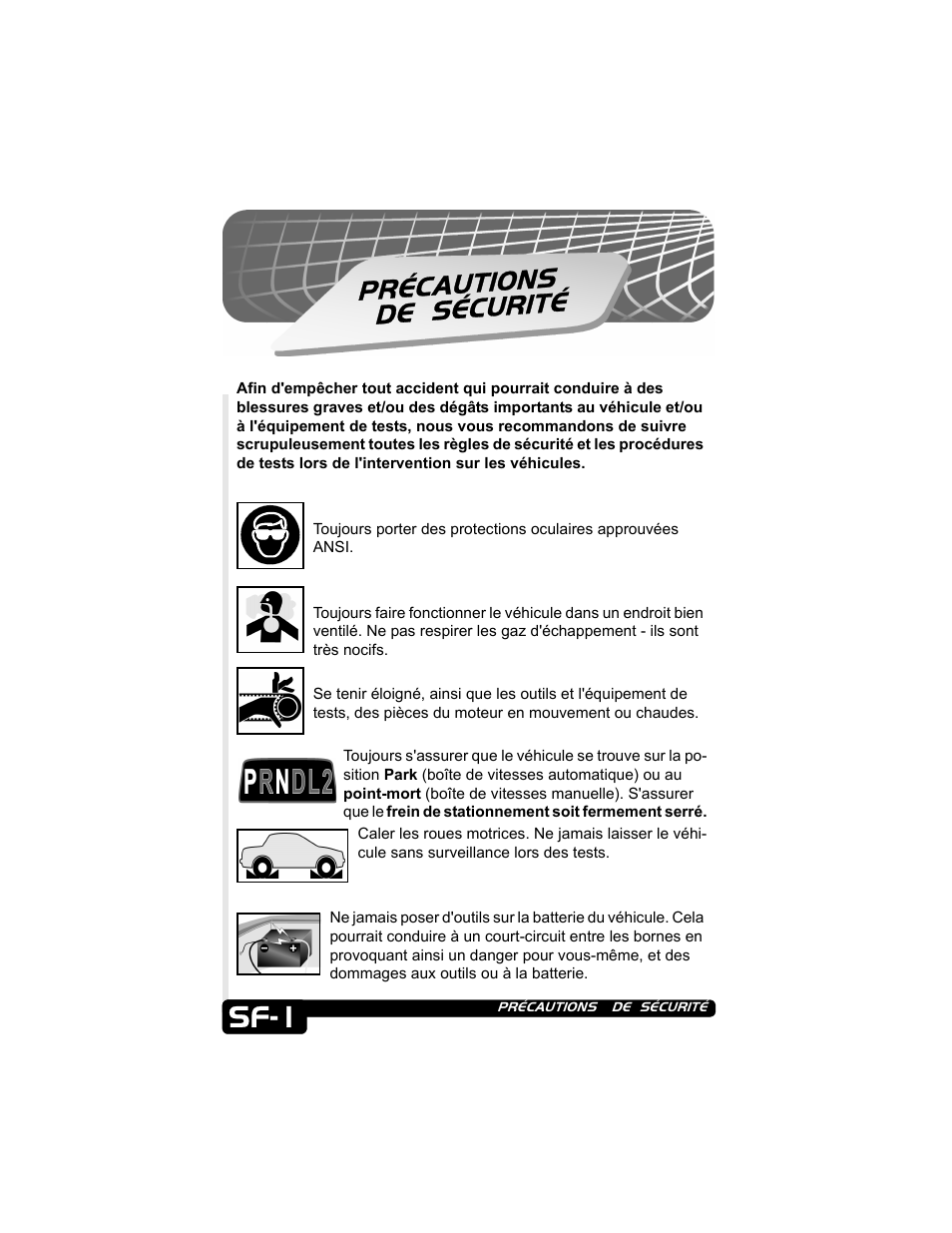 Sf-1, Précautions de sécurit й | Actron CP9135 OBD II AutoScanner User Manual | Page 38 / 120