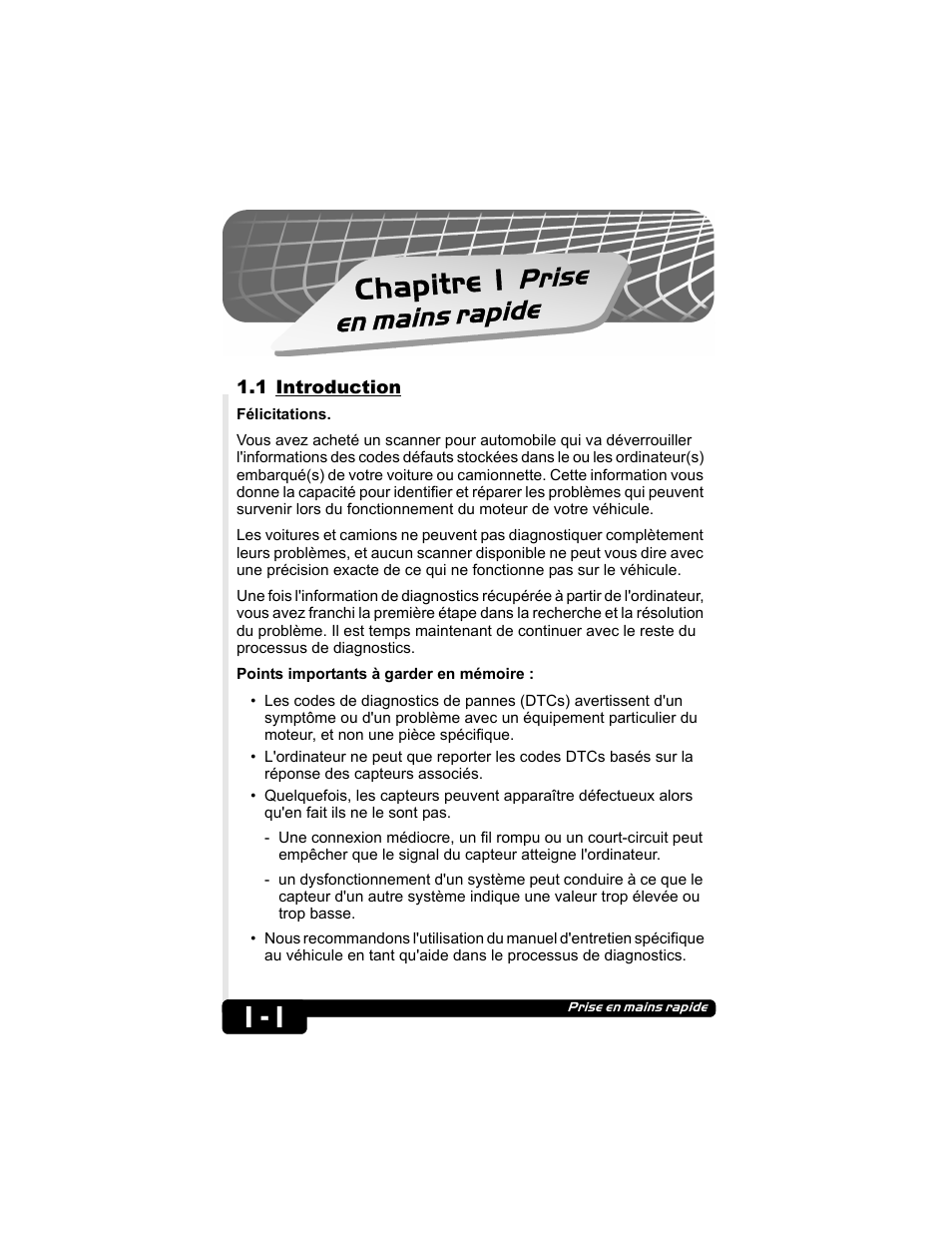1 introduction, Chapitre 1, Prise en mains rapid e | Actron CP9135 OBD II AutoScanner User Manual | Page 40 / 120