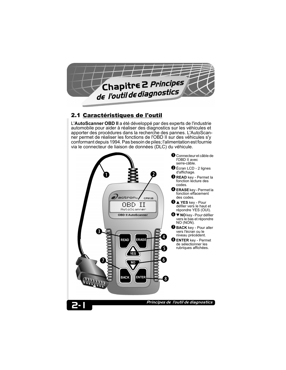 1 caractéristiques de l'outil, Chapitre 2, Principes de l'outil de diag nostics | Actron CP9135 OBD II AutoScanner User Manual | Page 44 / 120