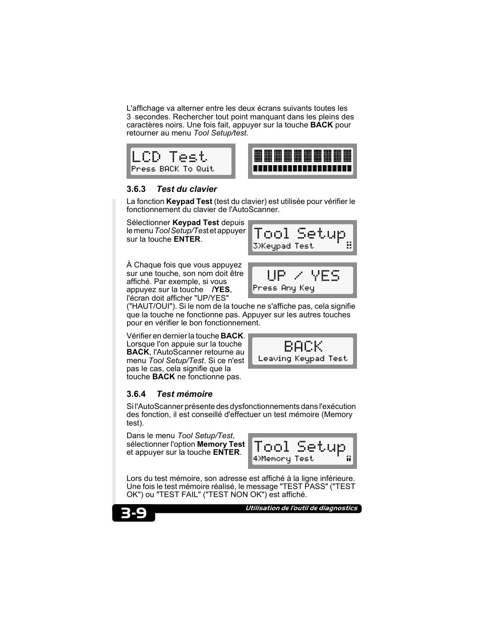 3 test du clavier, 4 test mémoire, Lcd test | Tool setup, Up / yes, Back | Actron CP9135 OBD II AutoScanner User Manual | Page 58 / 120