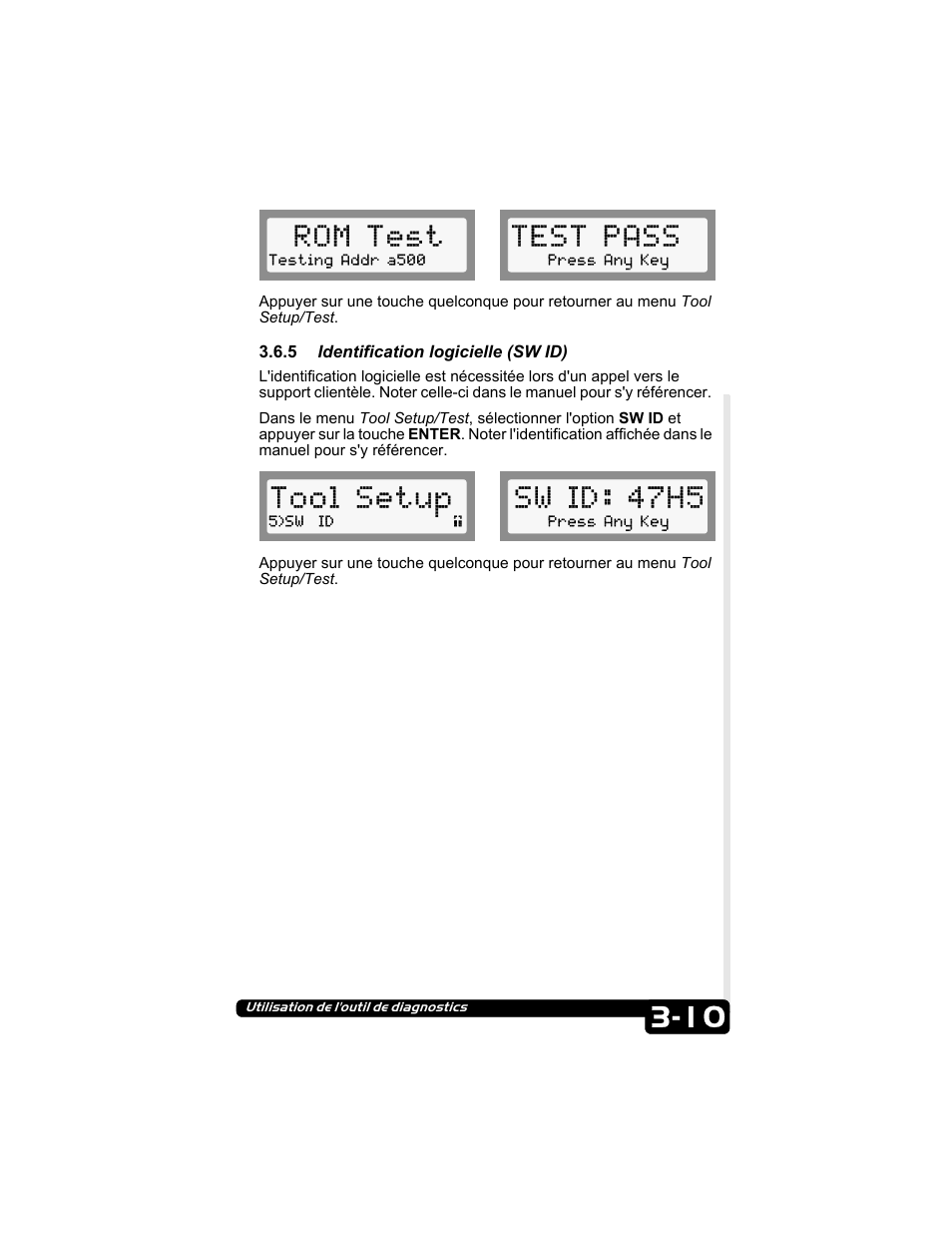 5 identification logicielle (sw id), Rom test, Test pass | Tool setup, Sw id: 47h5 | Actron CP9135 OBD II AutoScanner User Manual | Page 59 / 120