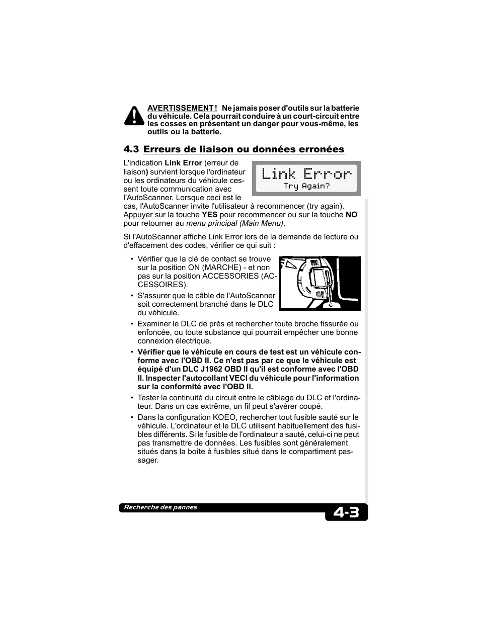 3 erreurs de liaison ou données erronées, Link error | Actron CP9135 OBD II AutoScanner User Manual | Page 62 / 120