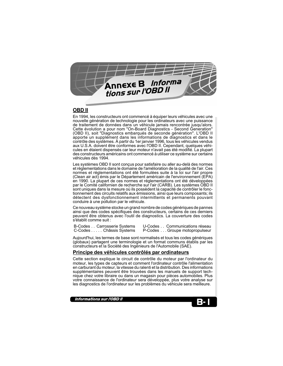 Annexe b informa tions sur l'obd ii, Annexe b, Informa tions sur l'obd ii | Actron CP9135 OBD II AutoScanner User Manual | Page 70 / 120