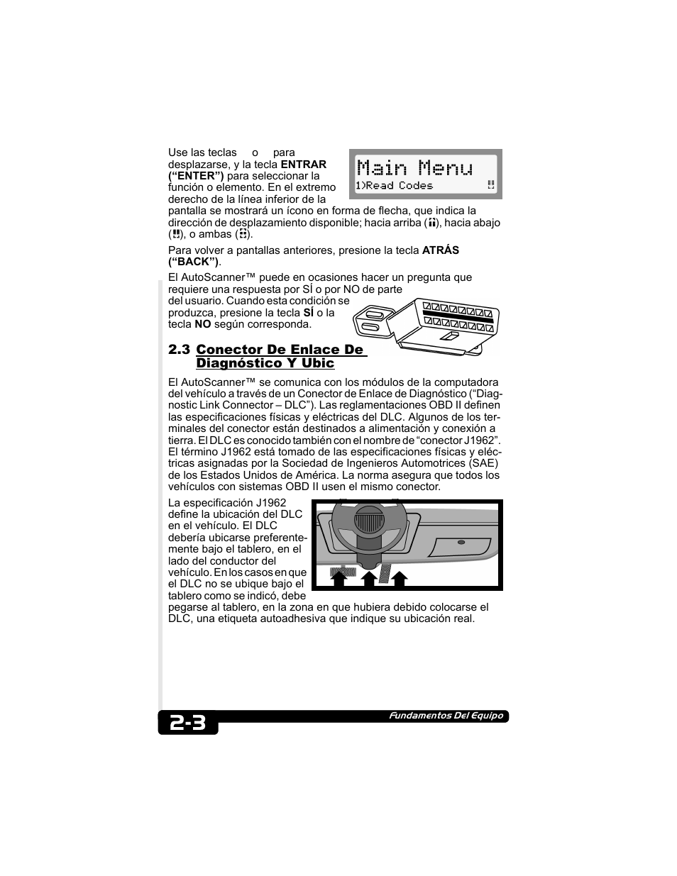 3 conector de enlace de diagnóstico y ubic, Main menu | Actron CP9135 OBD II AutoScanner User Manual | Page 87 / 120