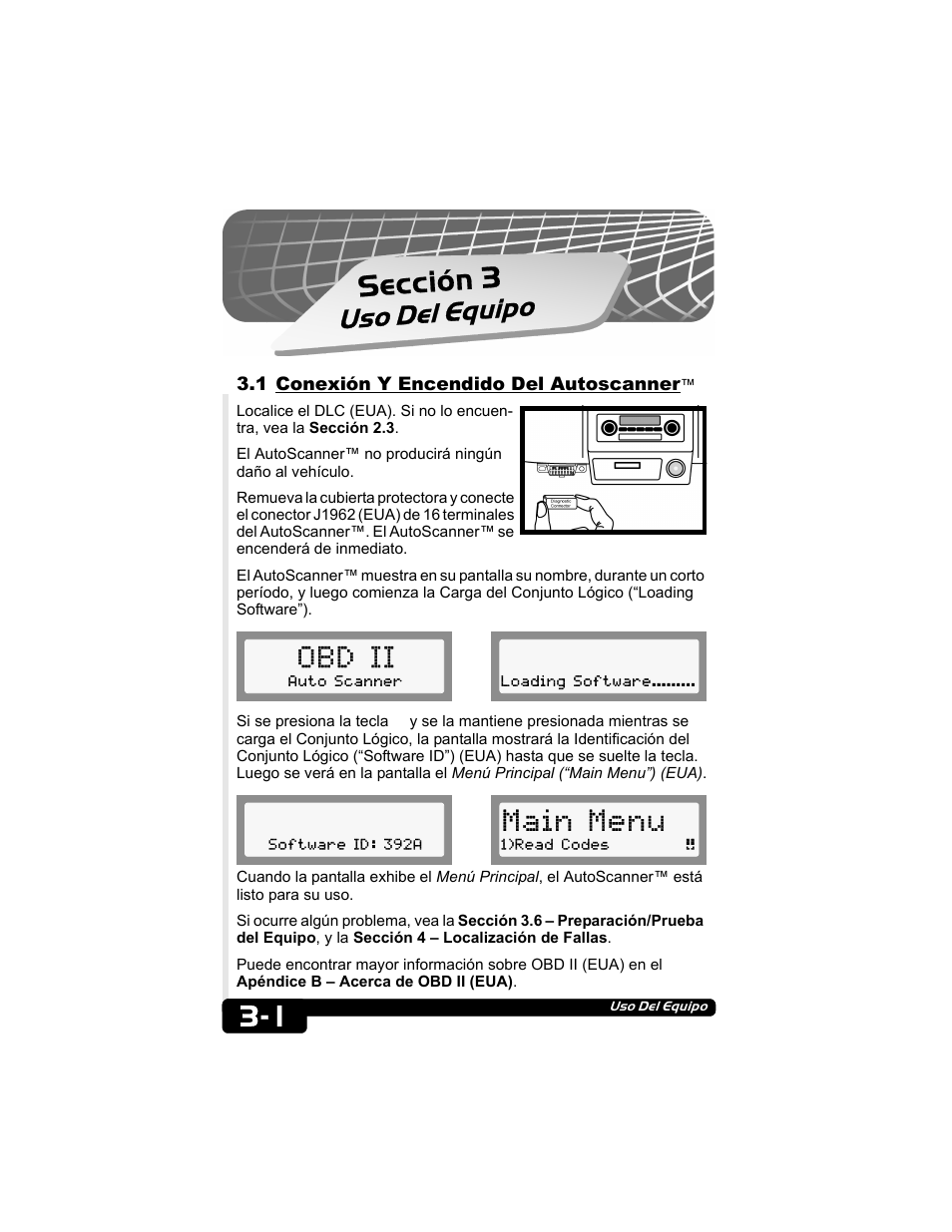 1 conexión y encendido del autoscanner, Obd ii, Main menu | Sección 3, Uso del equipo | Actron CP9135 OBD II AutoScanner User Manual | Page 91 / 120