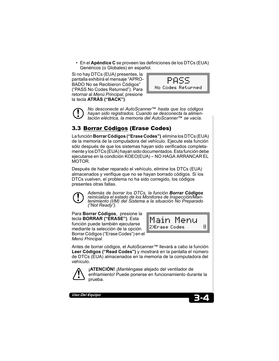 3 borrar códigos (erase codes), Pass, Main menu | Actron CP9135 OBD II AutoScanner User Manual | Page 94 / 120