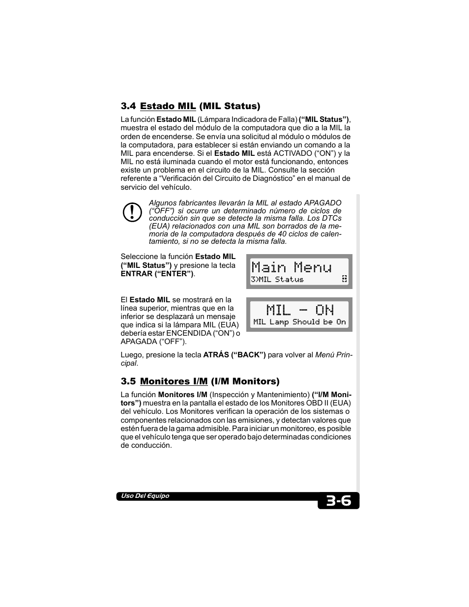 4 estado mil (mil status), 5 monitores i/m (i/m monitors), Main menu | Mil - on | Actron CP9135 OBD II AutoScanner User Manual | Page 96 / 120