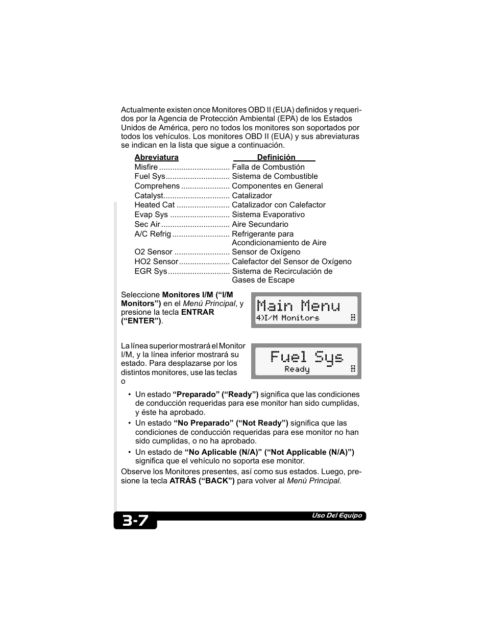 Main menu, Fuel sys | Actron CP9135 OBD II AutoScanner User Manual | Page 97 / 120