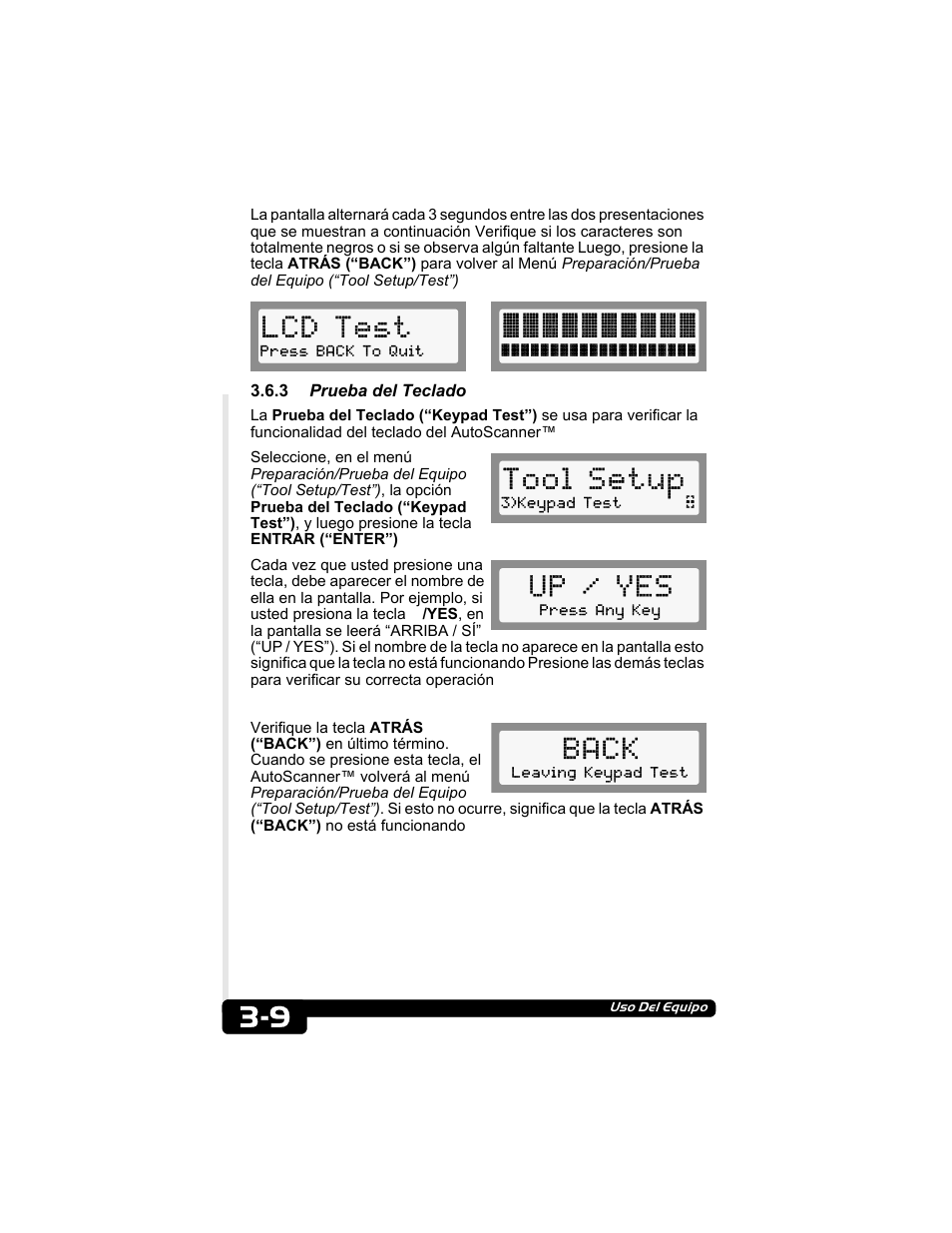 3 prueba del teclado, Lcd test, Tool setup | Up / yes, Back | Actron CP9135 OBD II AutoScanner User Manual | Page 99 / 120