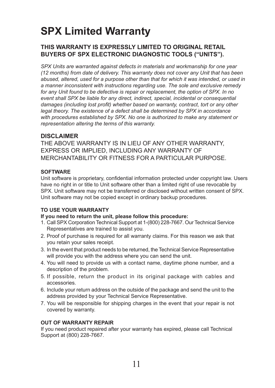 Spx limited warranty | Actron PocketScan Plus CP9550 User Manual | Page 11 / 12