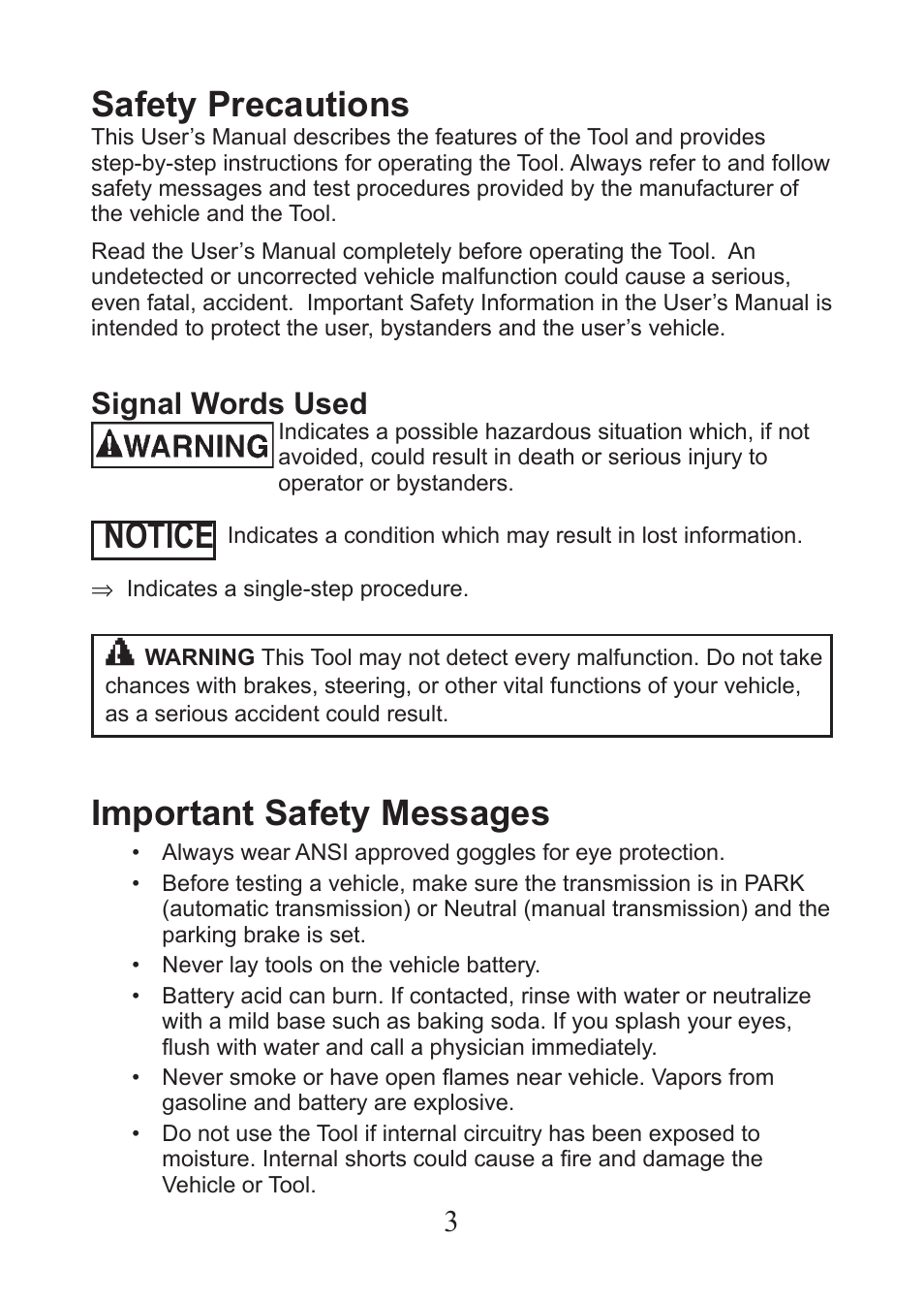 Safety precautions, Important safety messages, Notice | Signal words used | Actron PocketScan Plus CP9550 User Manual | Page 3 / 12