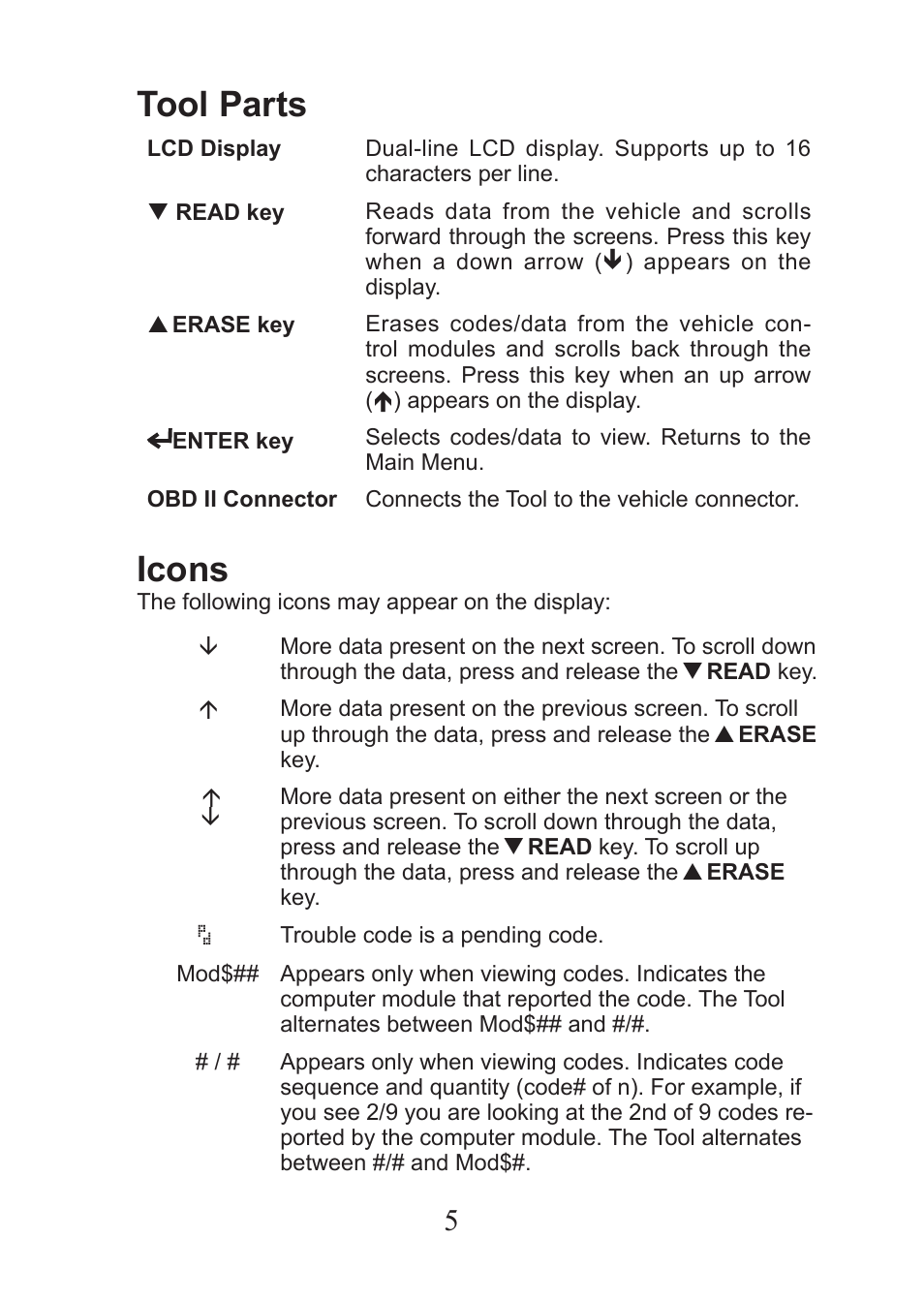 Tool parts, Icons | Actron PocketScan Plus CP9550 User Manual | Page 5 / 12