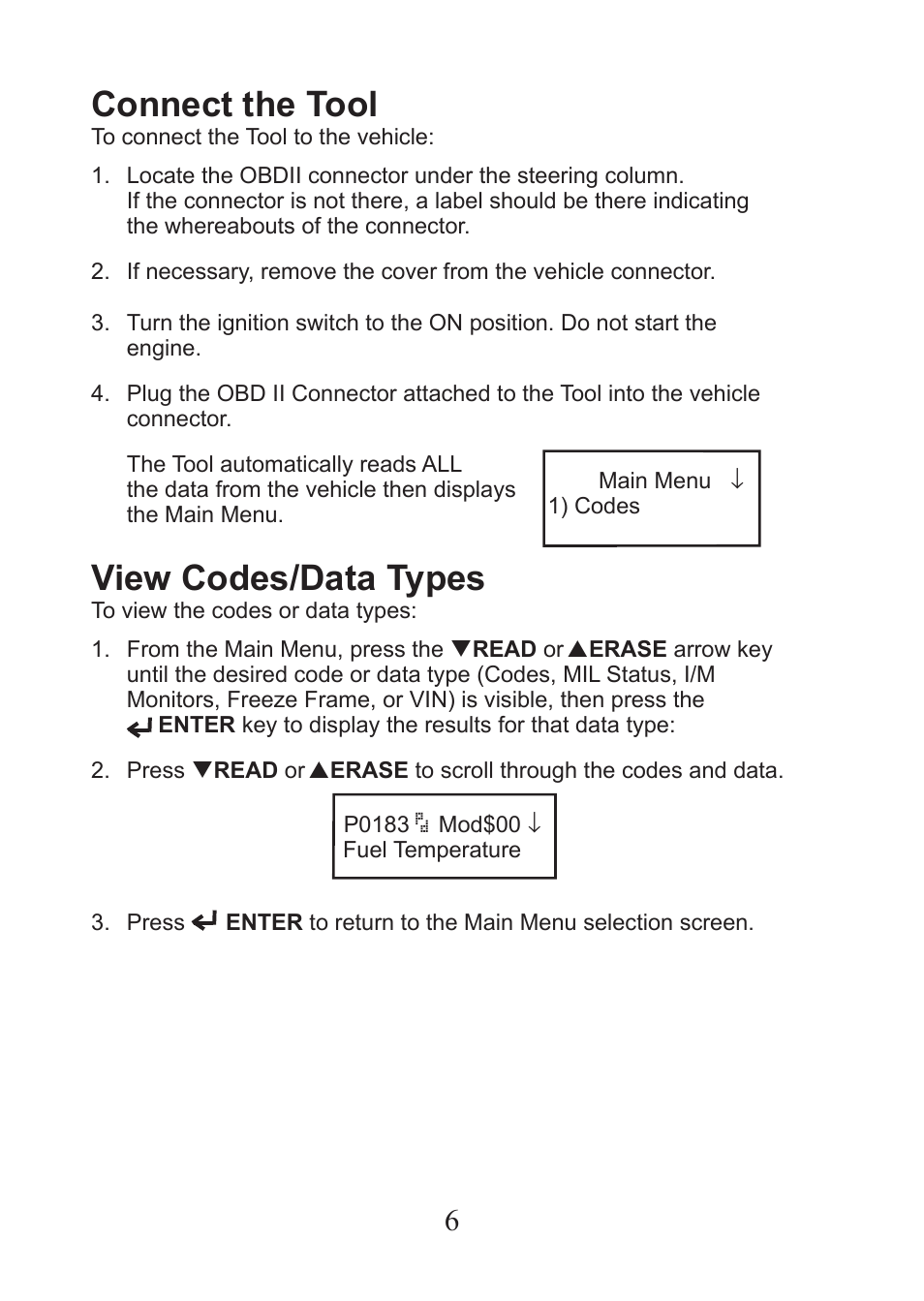 Connect the tool, View codes/data types | Actron PocketScan Plus CP9550 User Manual | Page 6 / 12