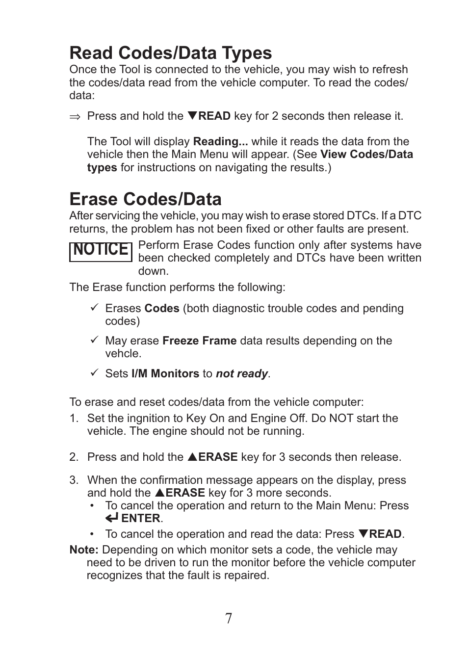 Read codes/data types, Erase codes/data, Notice | Actron PocketScan Plus CP9550 User Manual | Page 7 / 12