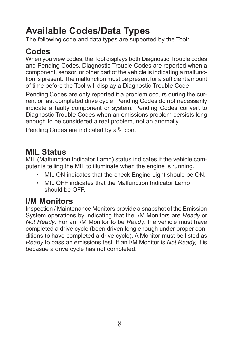Available codes/data types, Codes, Mil status | I/m monitors | Actron PocketScan Plus CP9550 User Manual | Page 8 / 12