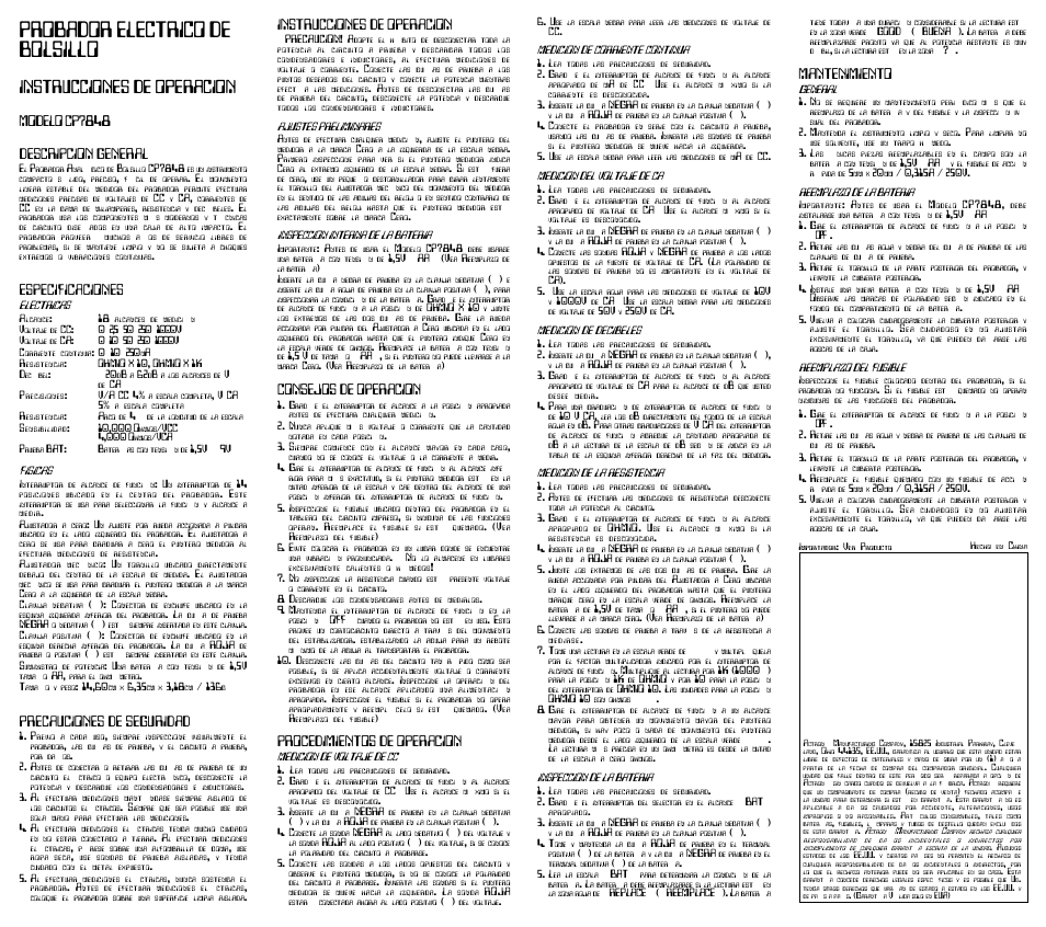 Probador electrico de bolsillo, Instrucciones de operacion | Actron Pocket Electrical Tester CP7848 User Manual | Page 2 / 2