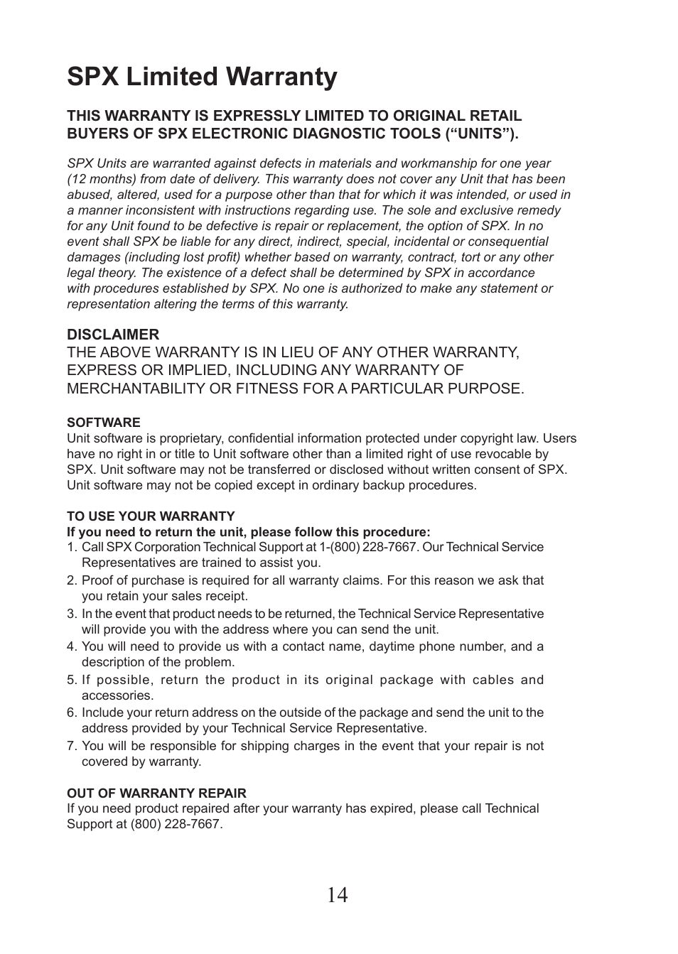 Spx limited warranty | Actron AutoScanner® CP9575 User Manual | Page 14 / 16