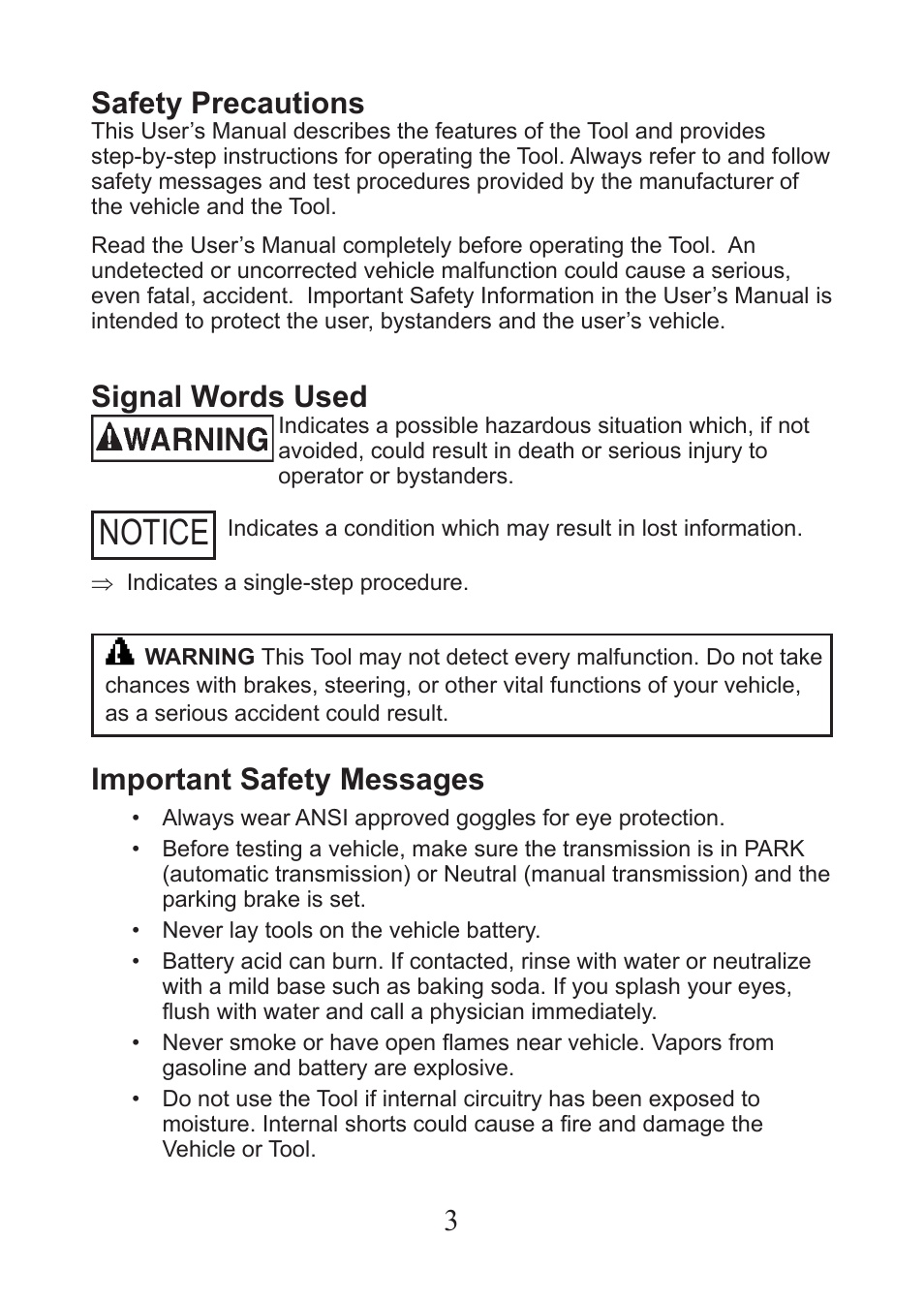 Notice, 3safety precautions, Signal words used | Important safety messages | Actron AutoScanner® CP9575 User Manual | Page 3 / 16