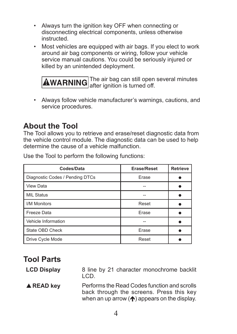 About the tool, Tool parts | Actron AutoScanner® CP9575 User Manual | Page 4 / 16