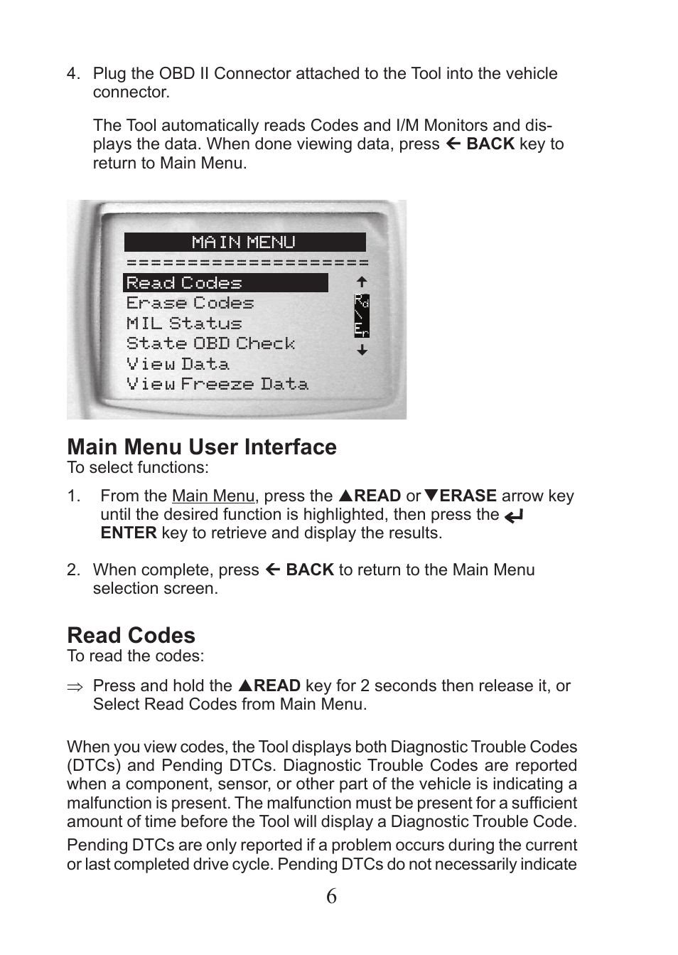 Main menu user interface, Read codes | Actron AutoScanner® CP9575 User Manual | Page 6 / 16