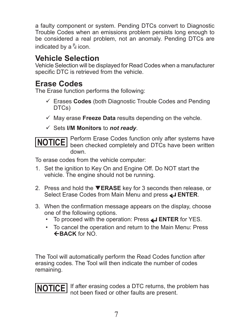 Notice, Vehicle selection, Erase codes | Actron AutoScanner® CP9575 User Manual | Page 7 / 16