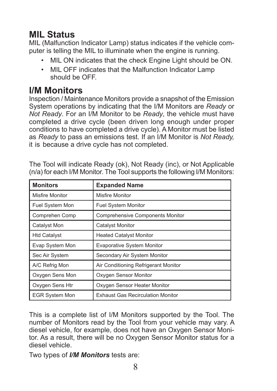 8mil status, I/m monitors | Actron AutoScanner® CP9575 User Manual | Page 8 / 16