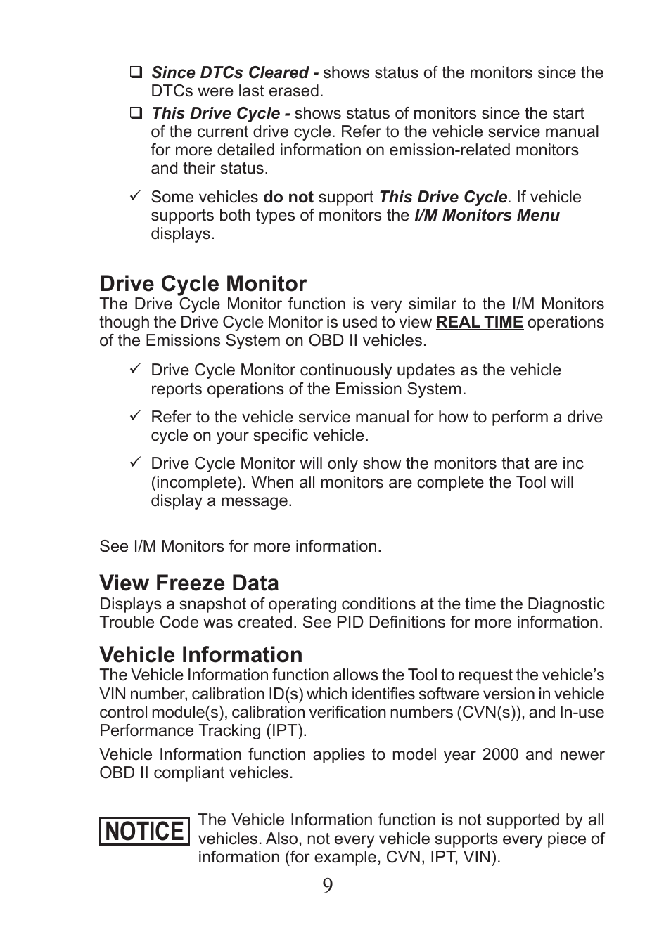 Notice, Drive cycle monitor, View freeze data | Vehicle information | Actron AutoScanner® CP9575 User Manual | Page 9 / 16