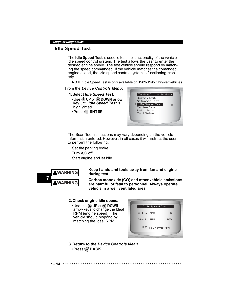 Idle speed test, Warning | Actron Elite AutoScanner® CP9185 User Manual | Page 170 / 240