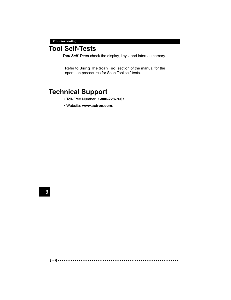 Tool self-tests, Technical support | Actron Elite AutoScanner® CP9185 User Manual | Page 180 / 240