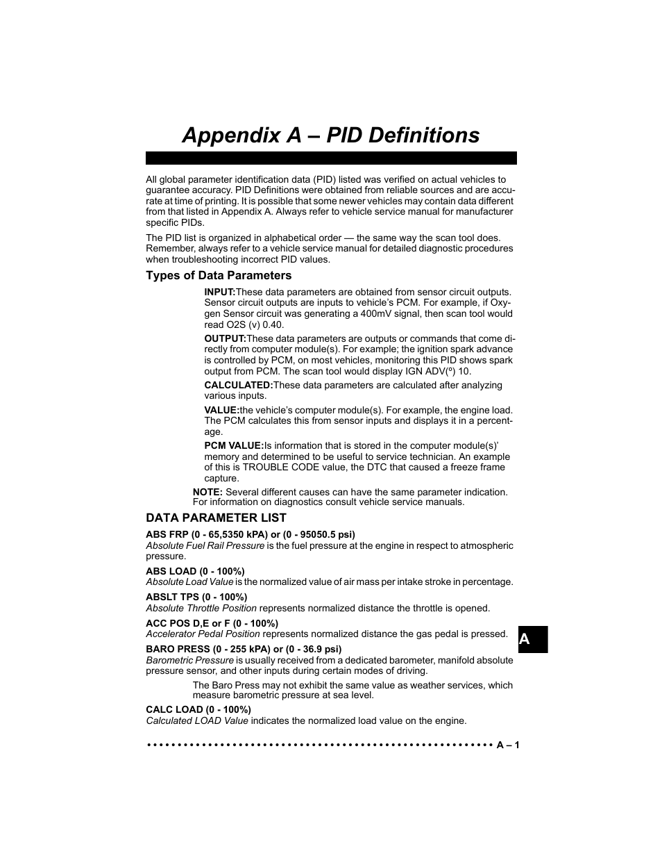 Appendix a – pid definitions | Actron Elite AutoScanner® CP9185 User Manual | Page 181 / 240