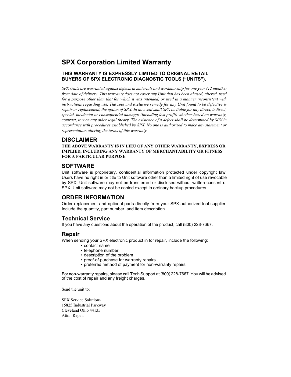 Spx corporation limited warranty | Actron Elite AutoScanner® CP9185 User Manual | Page 237 / 240