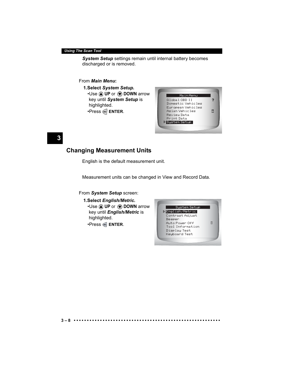 Changing measurement units | Actron Elite AutoScanner® CP9185 User Manual | Page 42 / 240