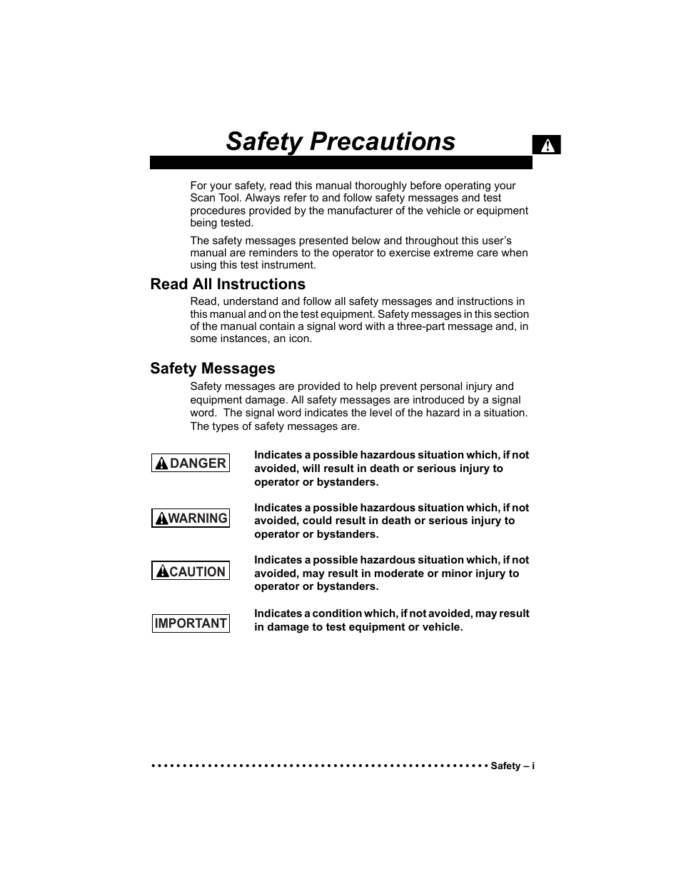 Safety precautions, Read all instructions, Safety messages | Actron Elite AutoScanner® CP9185 User Manual | Page 7 / 240