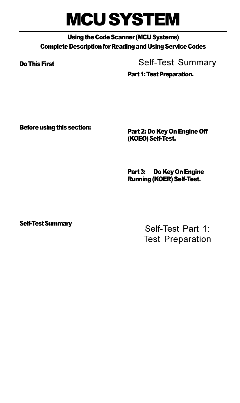 Mcu system, Self-test summary, Self-test part 1: test preparation | Actron Ford Code Scanner CP9015 User Manual | Page 39 / 66