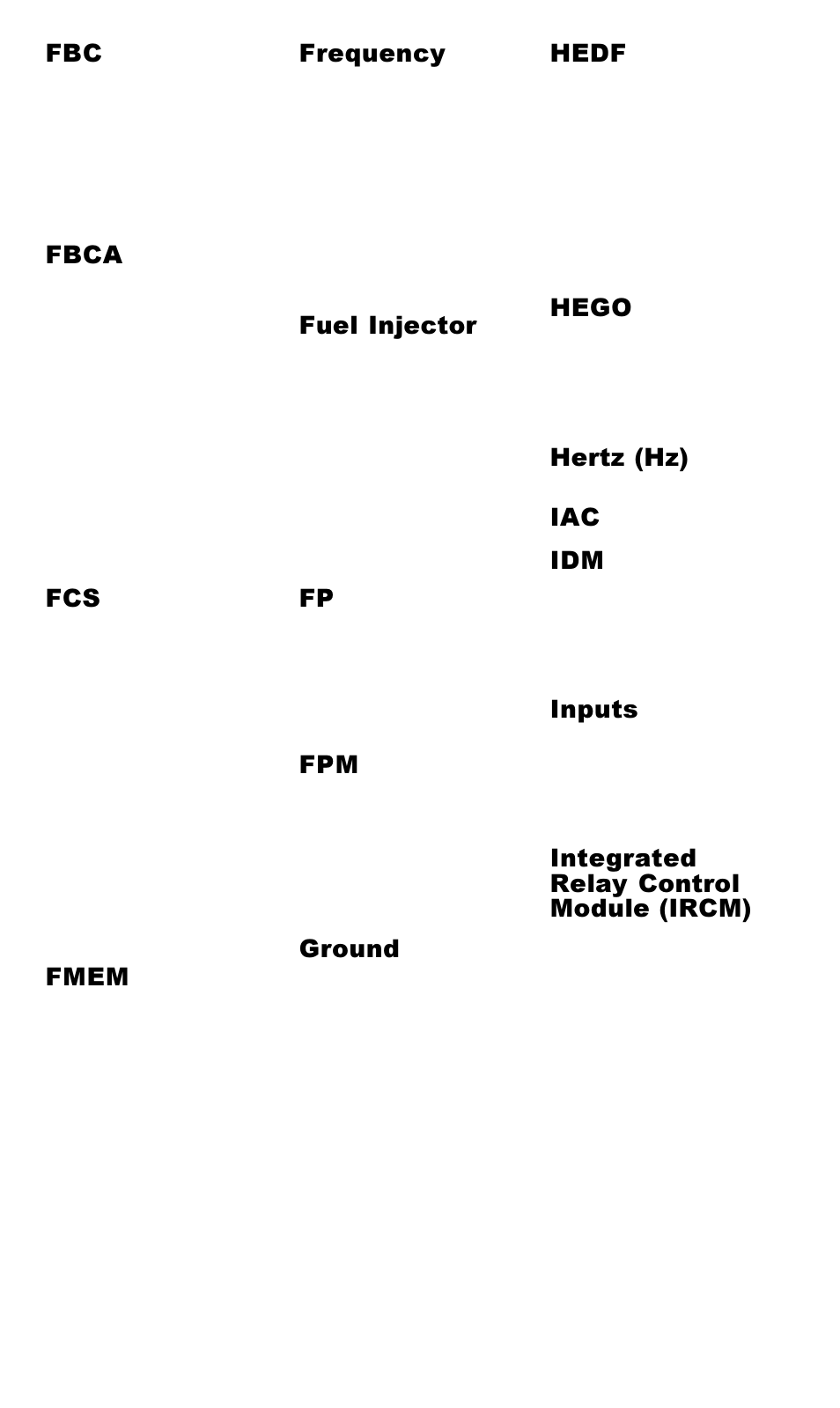 Fbca, Fmem, Frequency | Fuel injector, Ground, Hedf, Hego, Hertz (hz), Inputs, Integrated relay control module (ircm) | Actron Ford Code Scanner CP9015 User Manual | Page 60 / 66