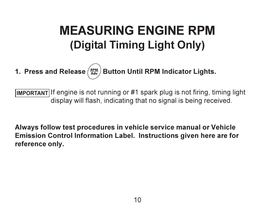 Measuring engine rpm, Digital timing light only) | Actron Advance Timing Light CP7528 User Manual | Page 11 / 26