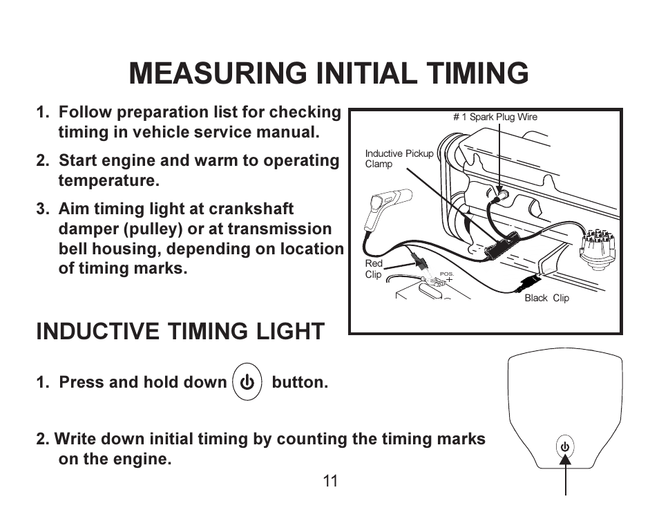 Measuring initial timing, Inductive timing light | Actron Advance Timing Light CP7528 User Manual | Page 12 / 26
