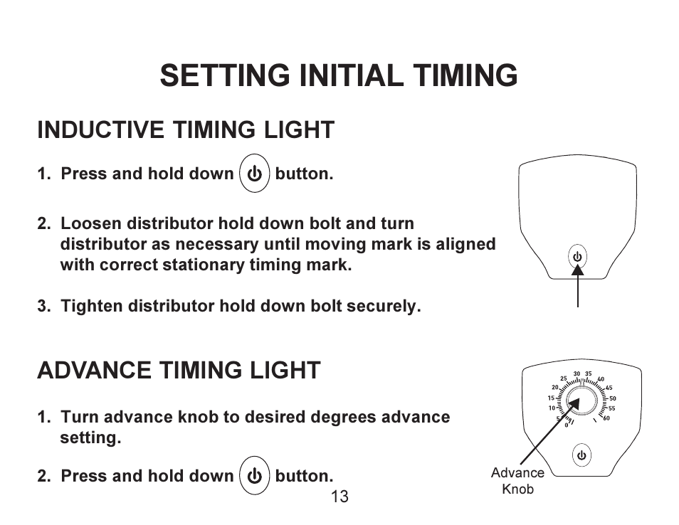 Setting initial timing, Inductive timing light, Advance timing light | Actron Advance Timing Light CP7528 User Manual | Page 14 / 26