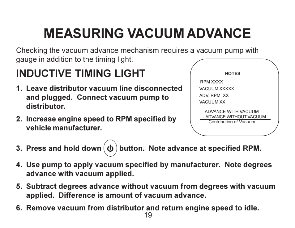 Measuring vacuum advance, Inductive timing light | Actron Advance Timing Light CP7528 User Manual | Page 20 / 26