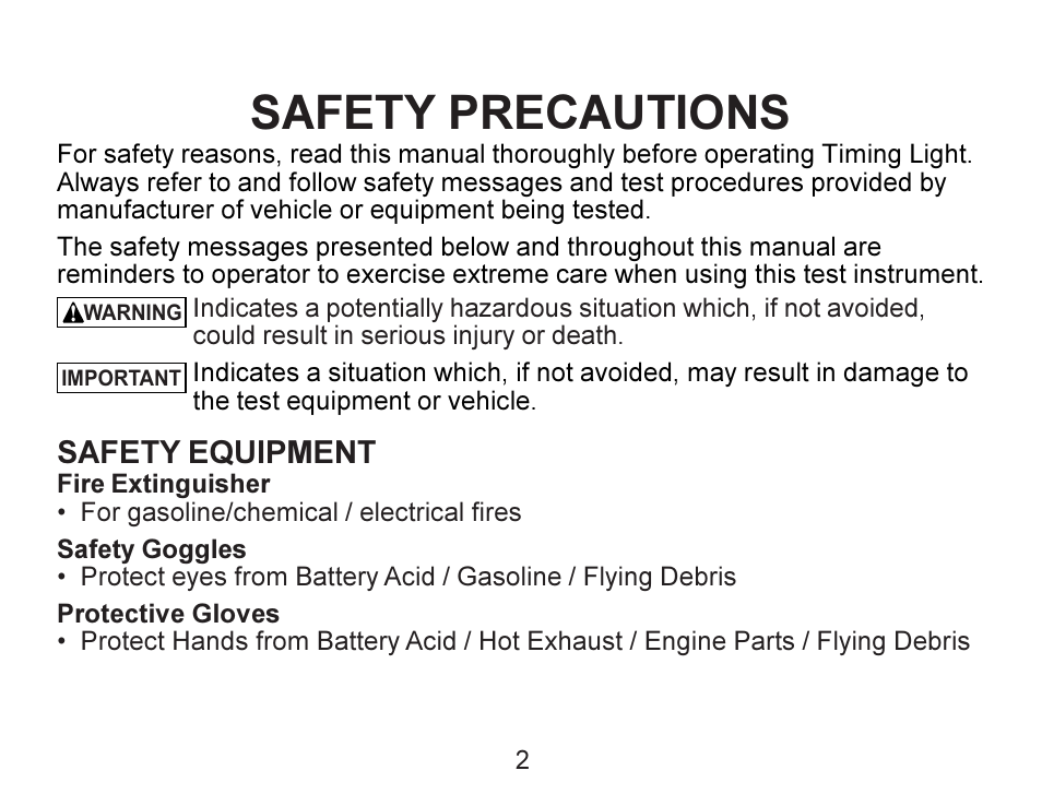 Safety precautions | Actron Advance Timing Light CP7528 User Manual | Page 3 / 26