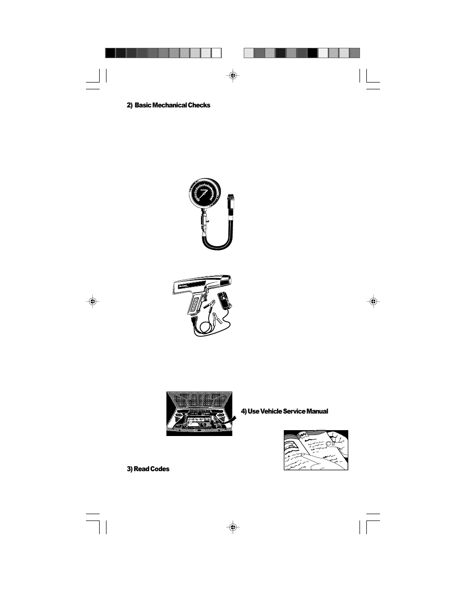 2) basic mechanical checks, 3) read codes, 4) use vehicle service manual | Cp7515 made in u.s.a | Actron GM Code Scanner CP9001 User Manual | Page 13 / 98
