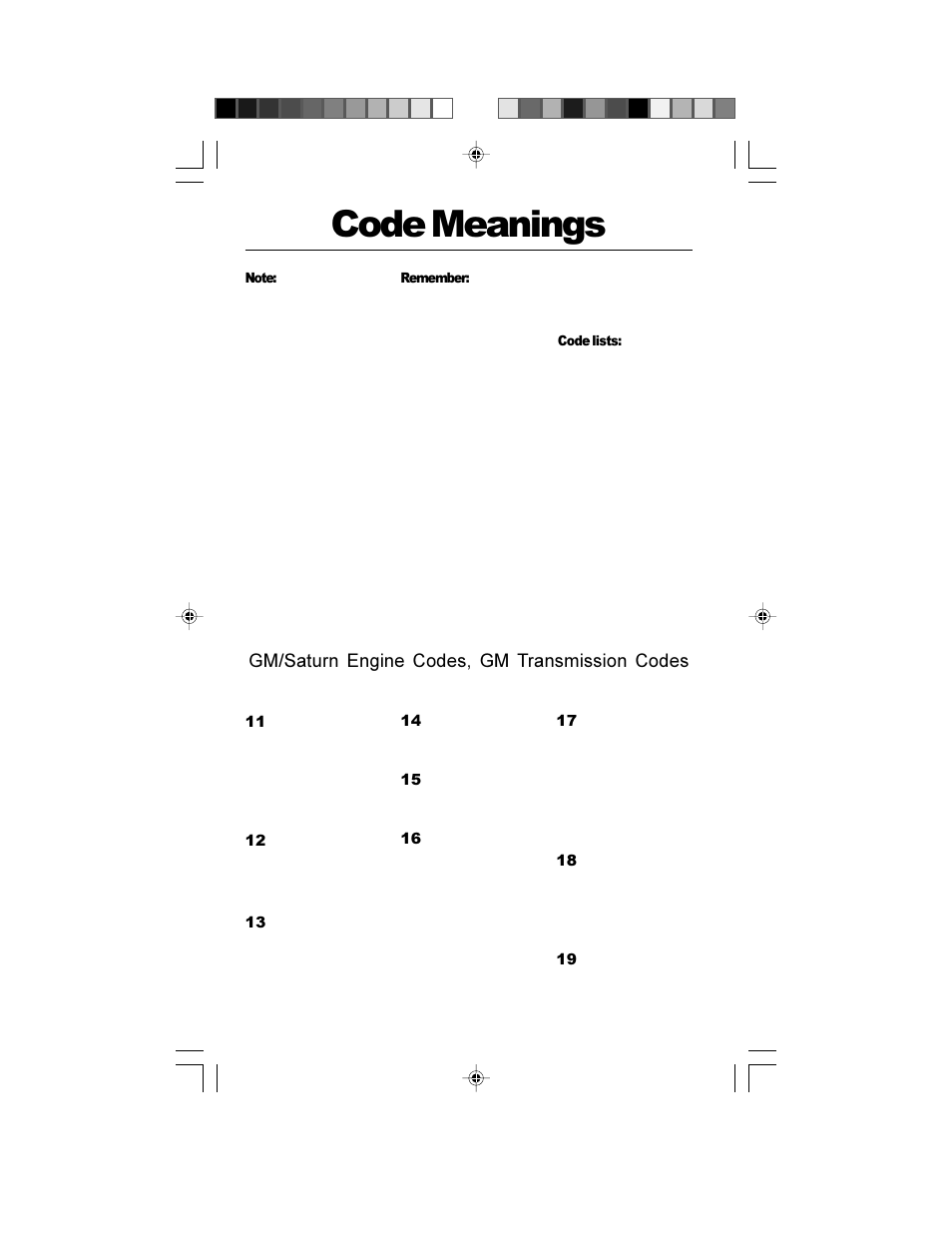 Code meanings, Gm/saturn engine codes, gm transmission codes | Actron GM Code Scanner CP9001 User Manual | Page 16 / 98