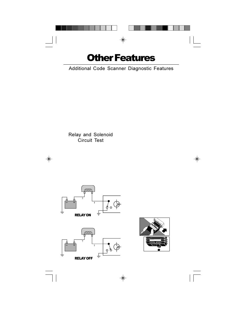 Other features, Additional code scanner diagnostic features, Relay and solenoid circuit test | Relay on, Relay off | Actron GM Code Scanner CP9001 User Manual | Page 24 / 98
